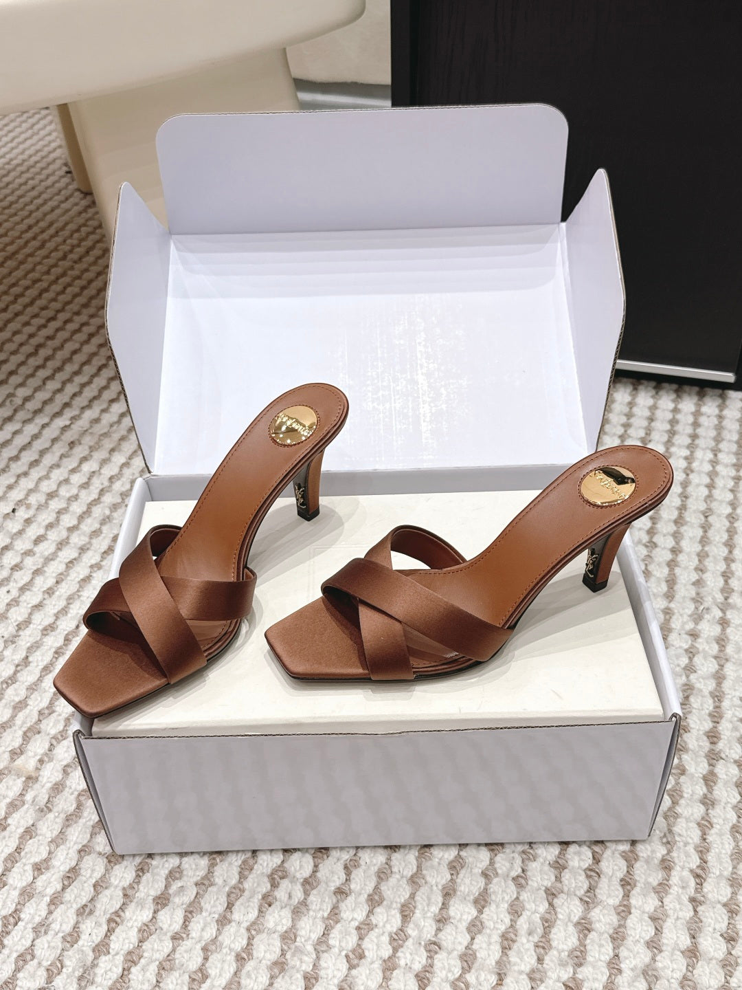 YSL 26ss High-Heeled Mules 75 Satin Leather