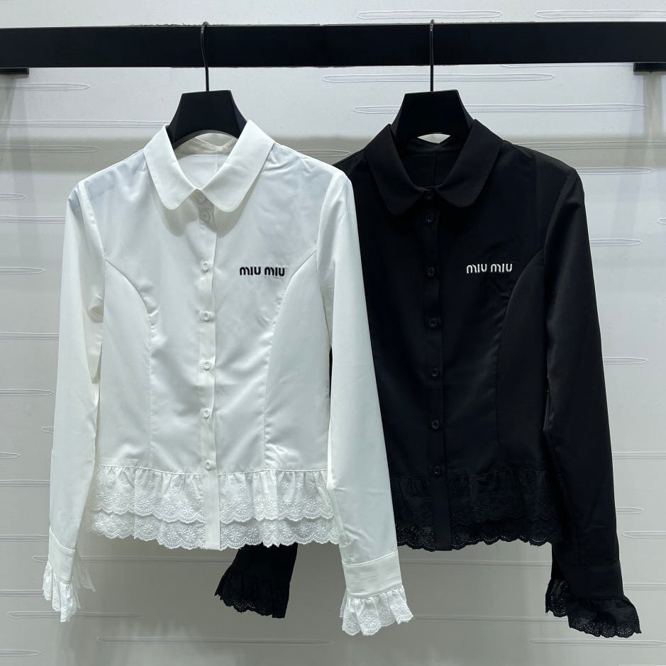 Miumiu 2026 Lace Embroidered Long-Sleeve Shirt Black and White Polyester 356380