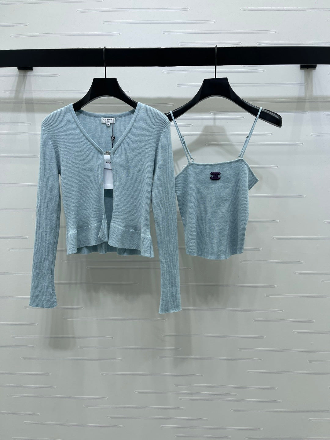 Chanel 2026 Two-piece Camisole And Cardigan Set Blue Cream Wool Cashmere