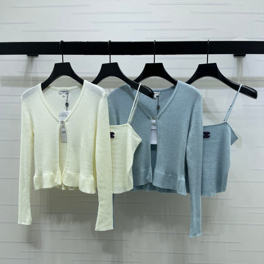Chanel 2026 Two-piece Camisole And Cardigan Set Blue Cream Wool Cashmere