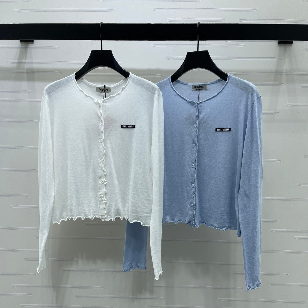 Miumiu 2026 Crew Neck Knit Long-Sleeve Cardigan White and Blue Cotton 356469