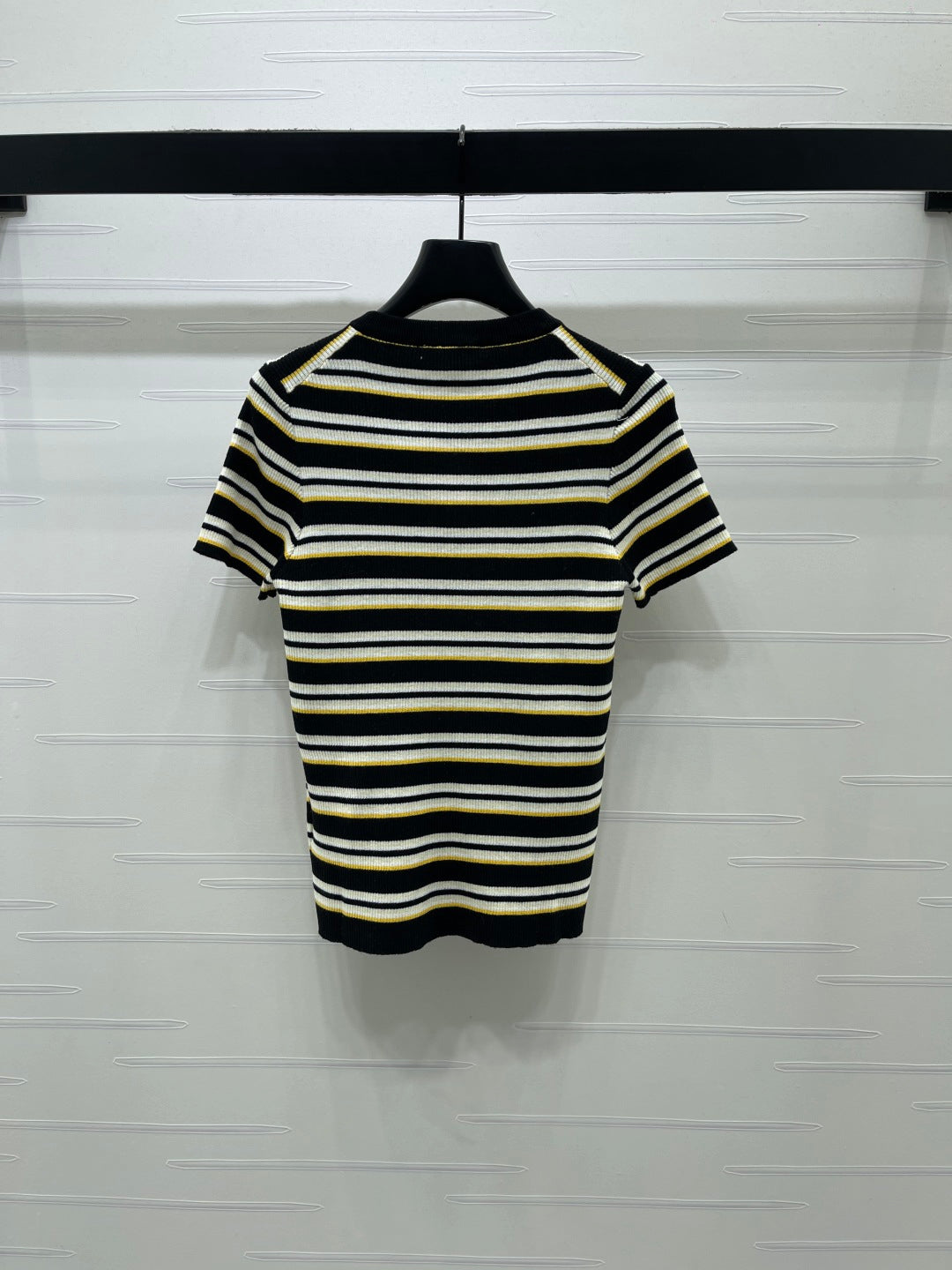 Miumiu 2026 Striped Knit Short-sleeved Top Cream and Black Wool Tencel 356453