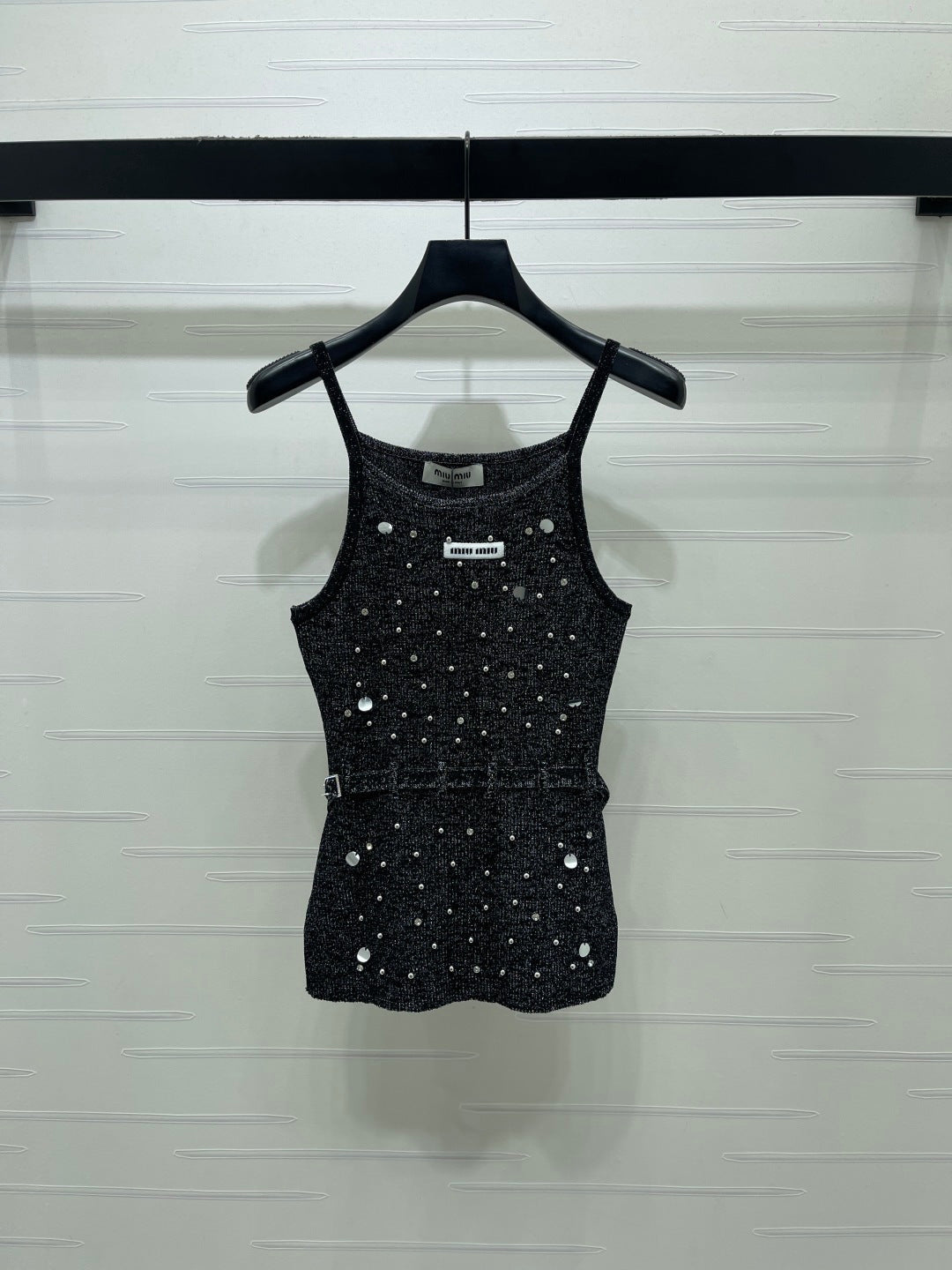 Miumiu 2026 Knit Top With Crystal Details And Belted Waist Wool