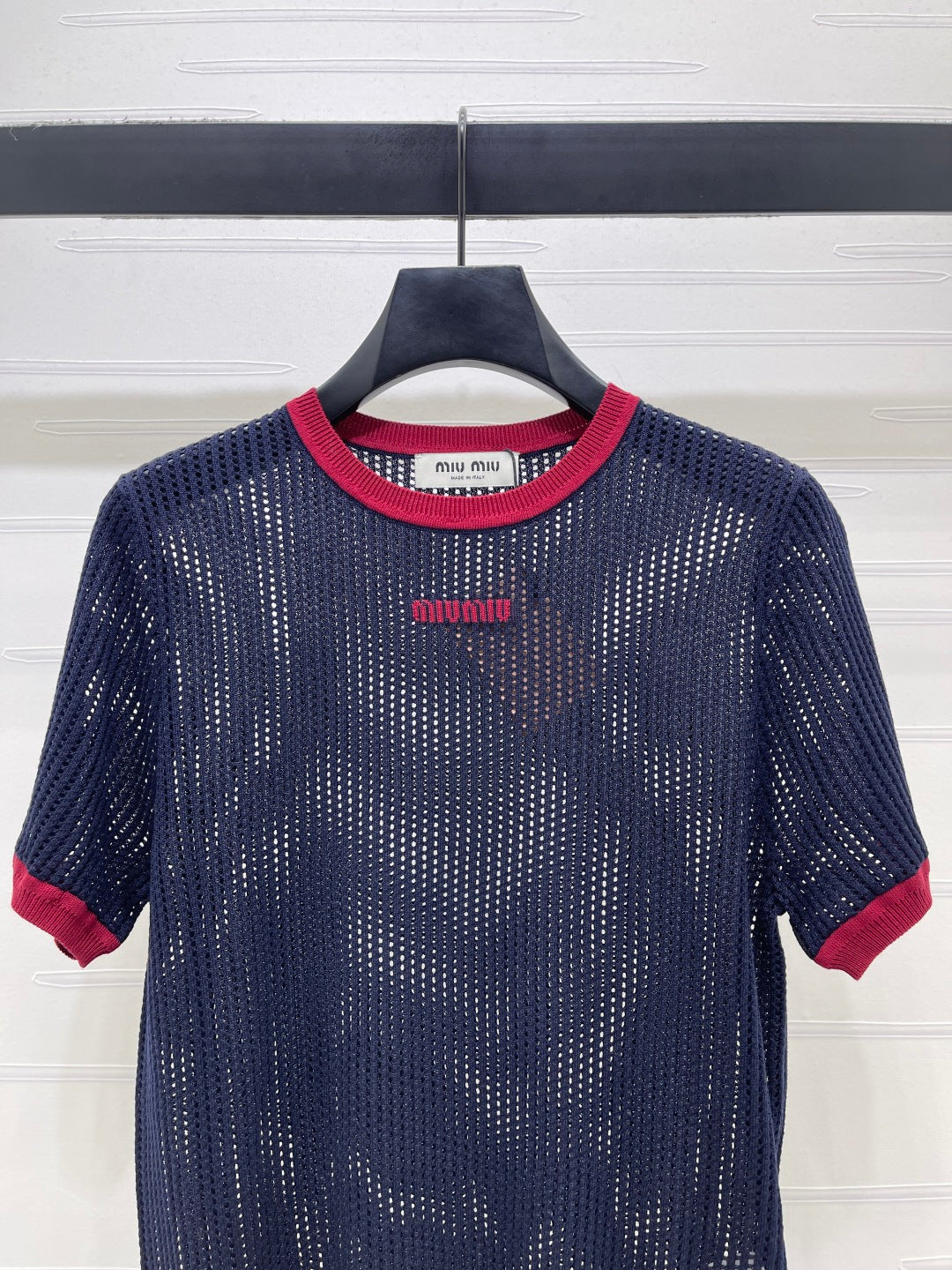 Miumiu 2026 Crochet-knit Crew-neck T-shirt White and Navy Blue Tencel