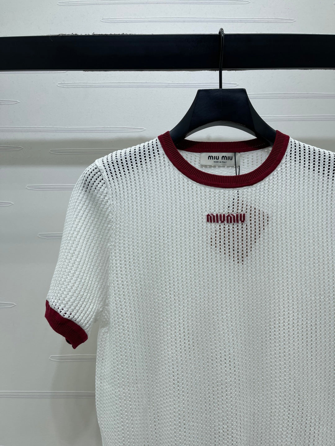 Miumiu 2026 Crochet-knit Crew-neck T-shirt White and Navy Blue Tencel