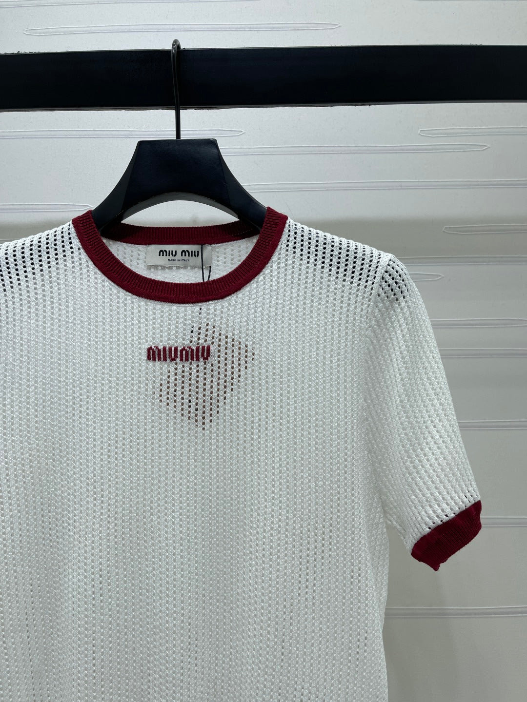 Miumiu 2026 Crochet-knit Crew-neck T-shirt White and Navy Blue Tencel
