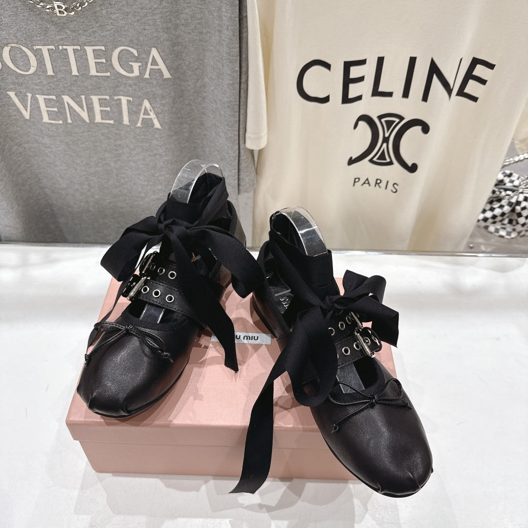 Miumiu 26ss Fairy Style Ballet Flats Satin Cowhide