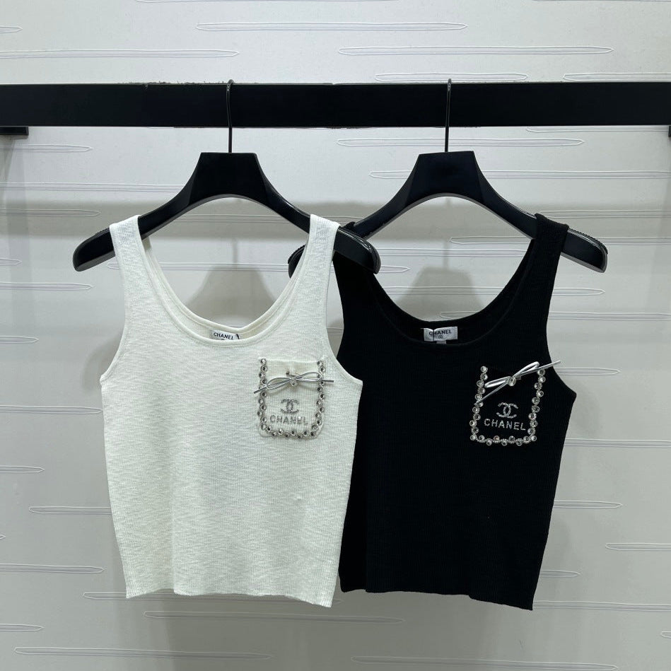 Chanel 2026 Rhinestone Pocket Vest Black and White Tencel Wool 359824