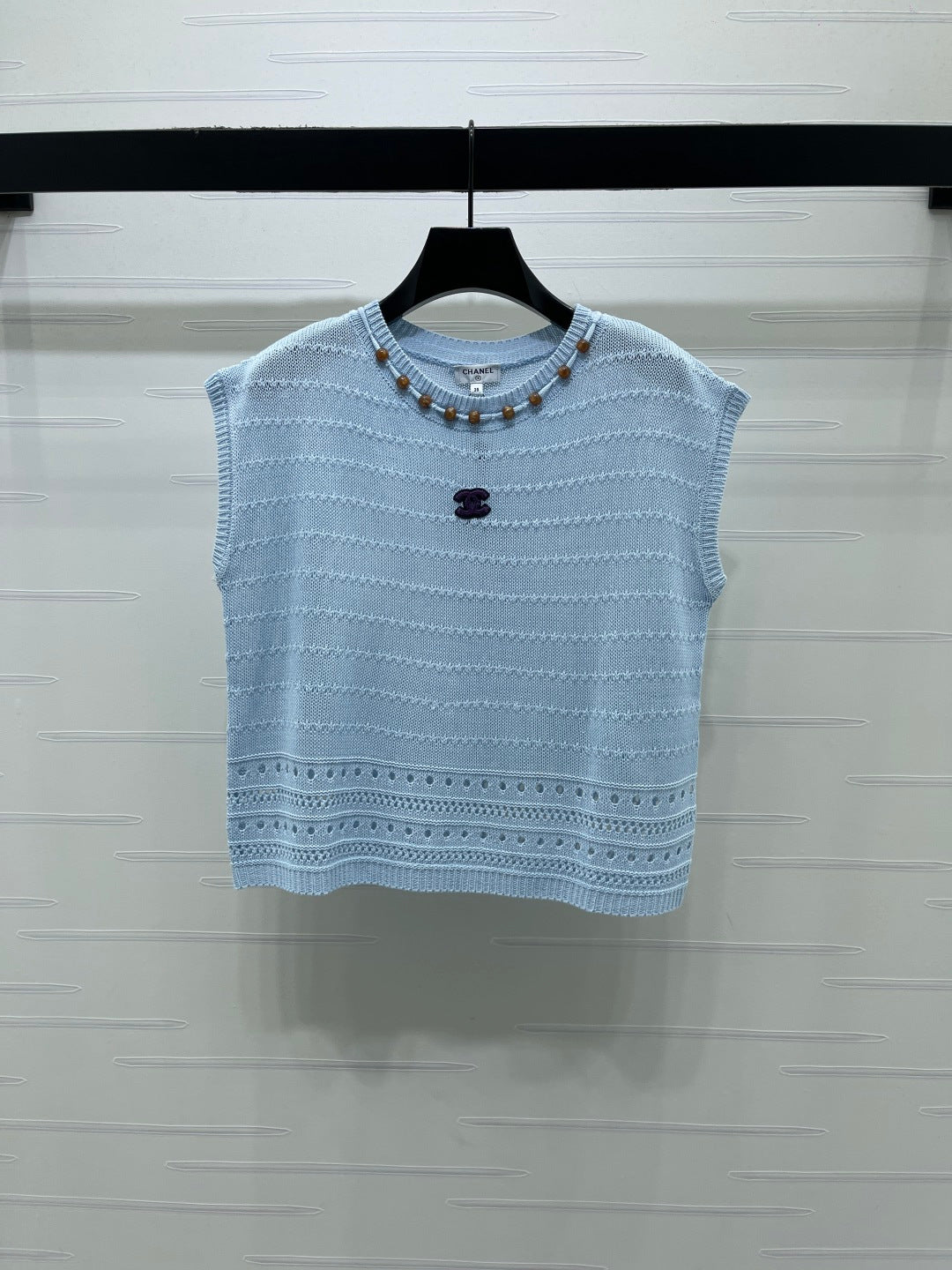 Chanel 2026 Hollow-out Knit Sleeveless Vest Blue and White Cotton 359840
