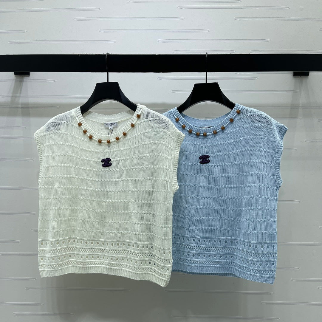 Chanel 2026 Hollow-out Knit Sleeveless Vest Blue and White Cotton 359840