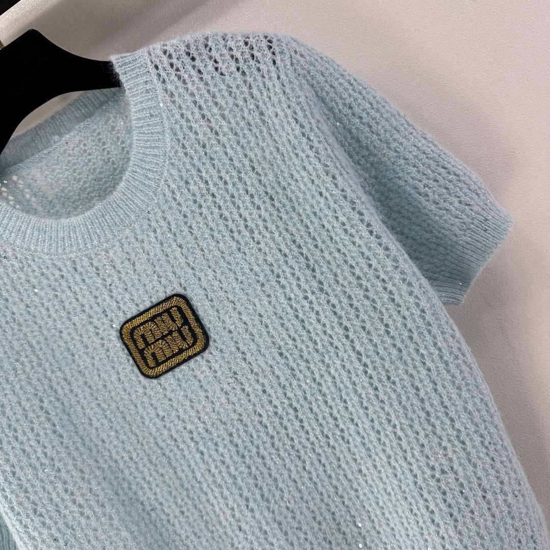 Miumiu 2026 Sequined Knit Short-sleeved Top Wool Polyester 362383