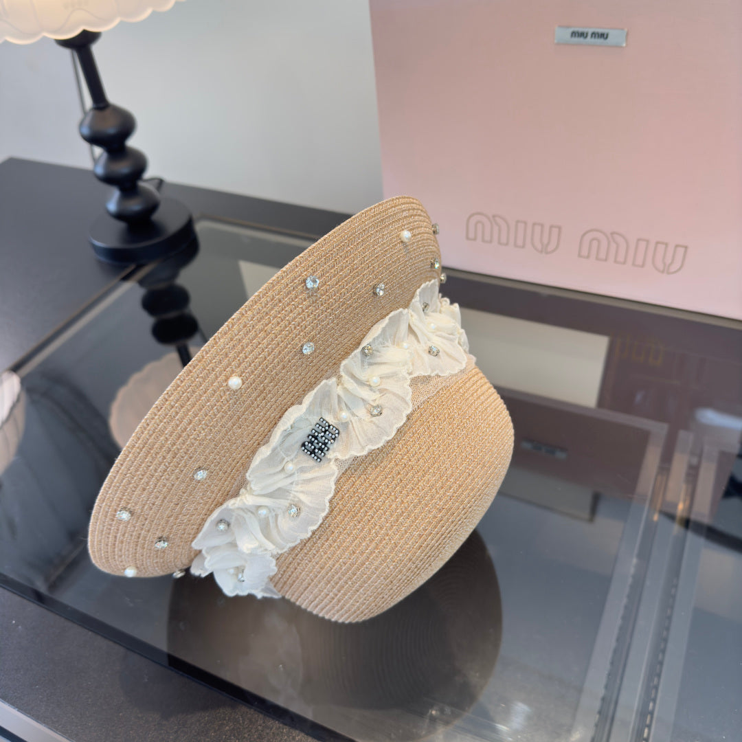Miu Miu Straw Hat With Lace And Rhinestone 278290