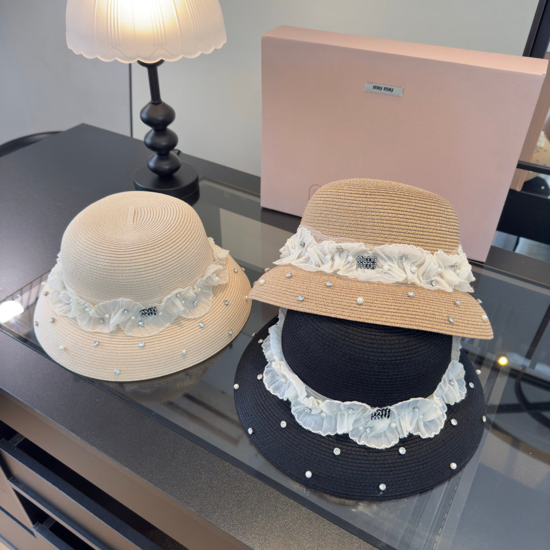 Miu Miu Straw Hat With Lace And Rhinestone 278290