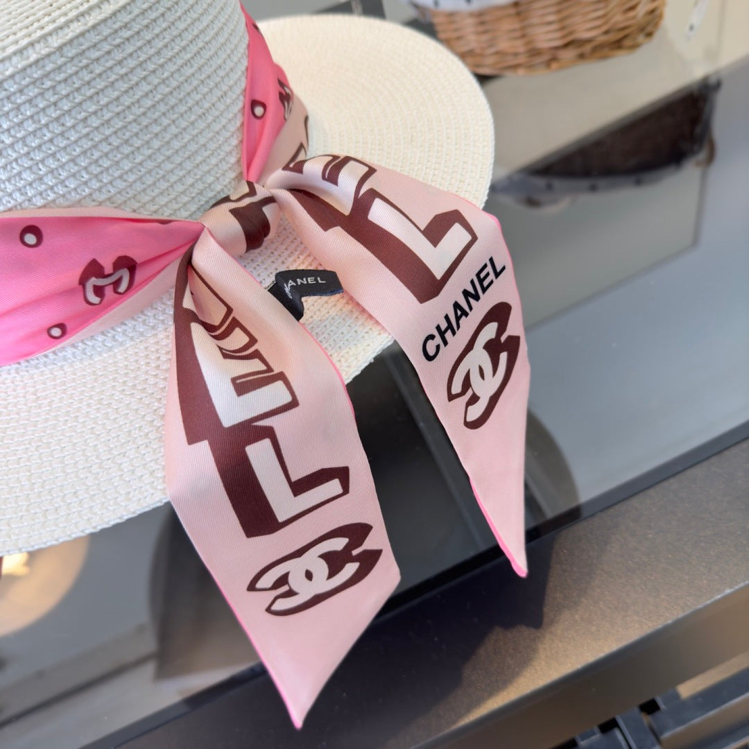 Chanel Flat-top Straw Hat With Silk Bow 279632