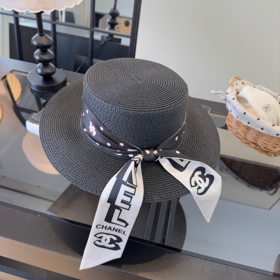 Chanel Flat-top Straw Hat With Silk Bow 279632