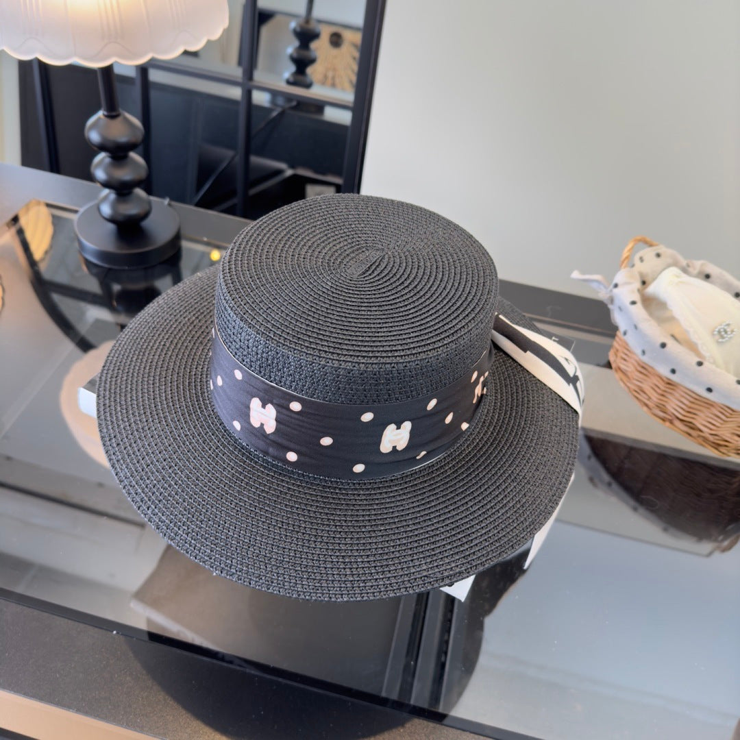 Chanel Flat-top Straw Hat With Silk Bow 279632
