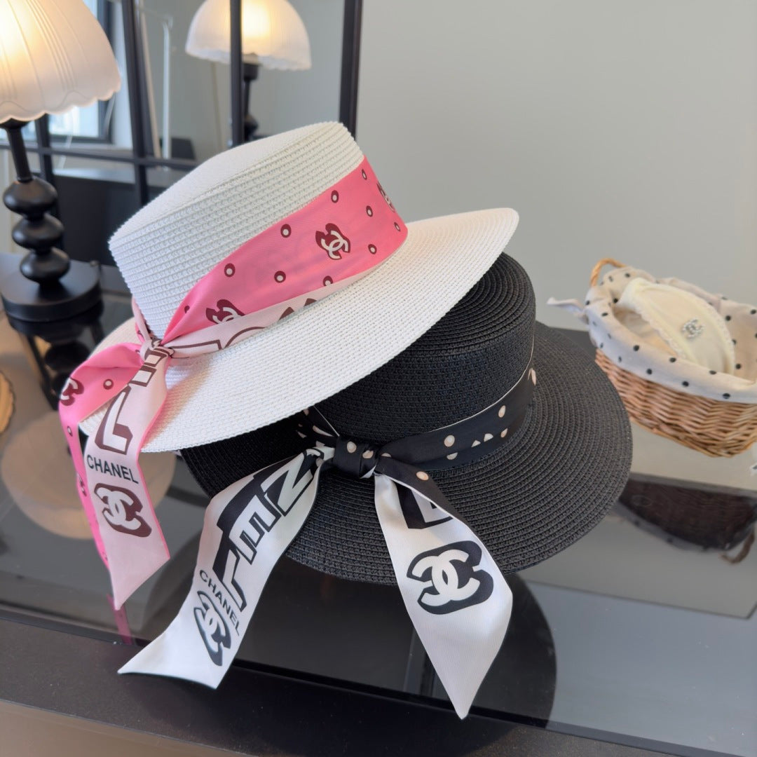 Chanel Flat-top Straw Hat With Silk Bow 279632