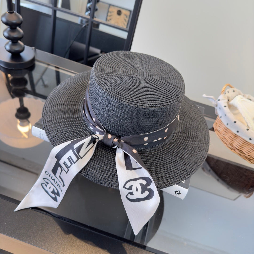 Chanel Flat-top Straw Hat With Silk Bow 279632