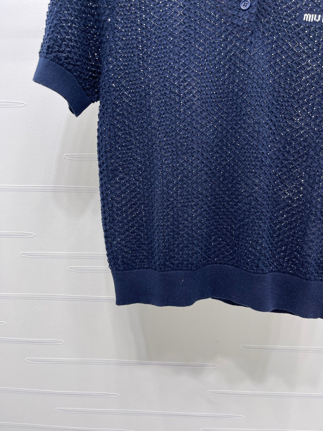Miumiu 2026 Hollow-out Knitted Collared Short-sleeved T-shirt Wool Cashmere 374995