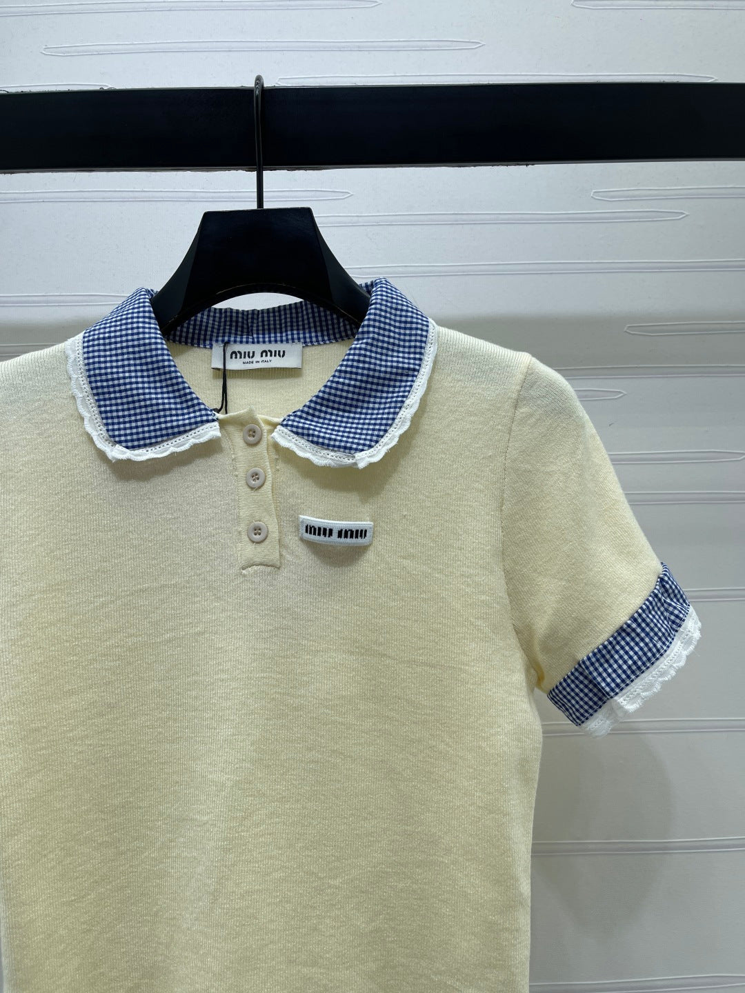 Miumiu 2026 Polo Shirts With Checkered Collar And Lace Trim Wool 332264