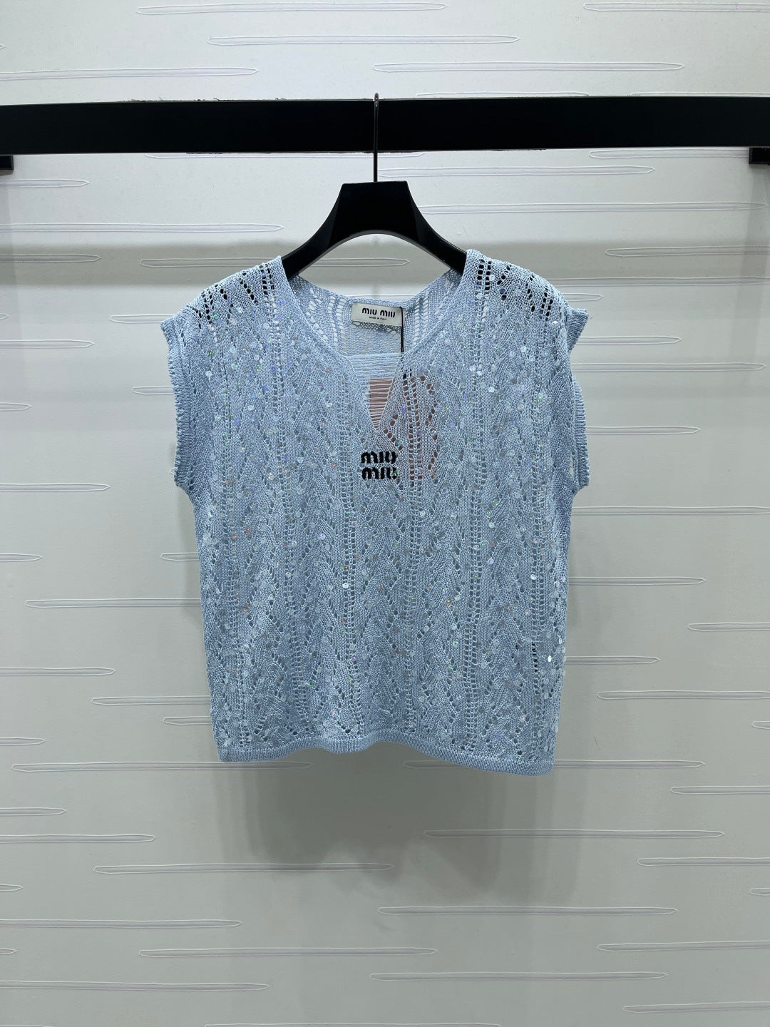 Miumiu 2026 Sequined Openwork Knit Short-Sleeve Top Wool 375034