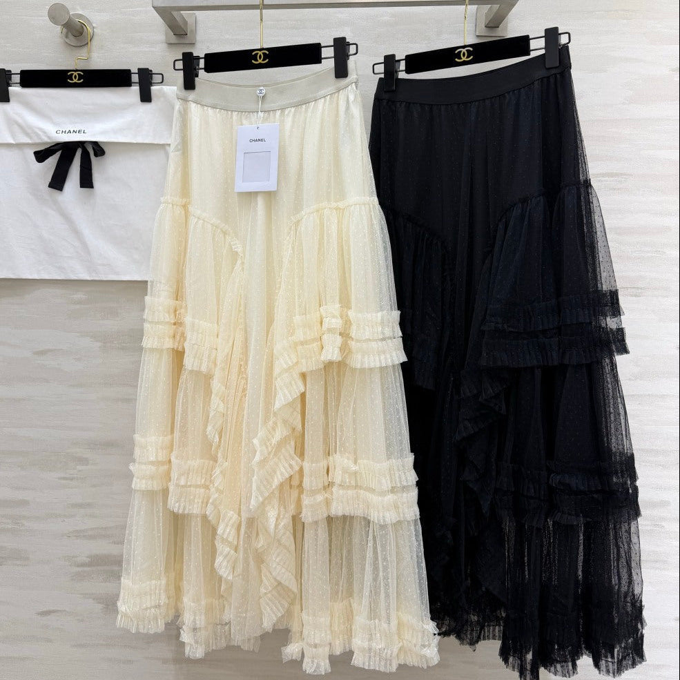 Chanel 2026 Polka Dot Mesh Cake Skirt with Layered Ruffles 377534
