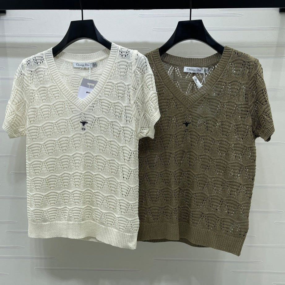 Dior 2026 Hollow-out V-neck Knit Short-sleeved Top Wool Cotton 377970
