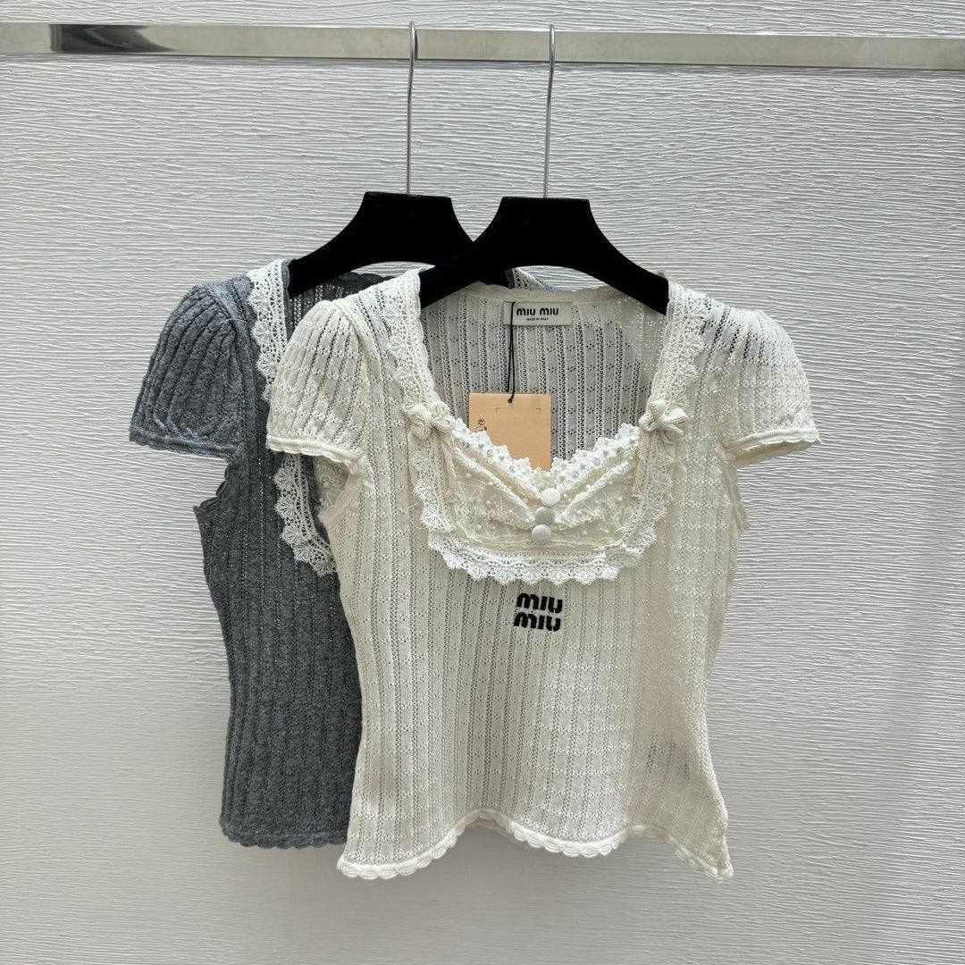 Miumiu 2026 Slim-fit Short-sleeved Knit Top Cotton 445784