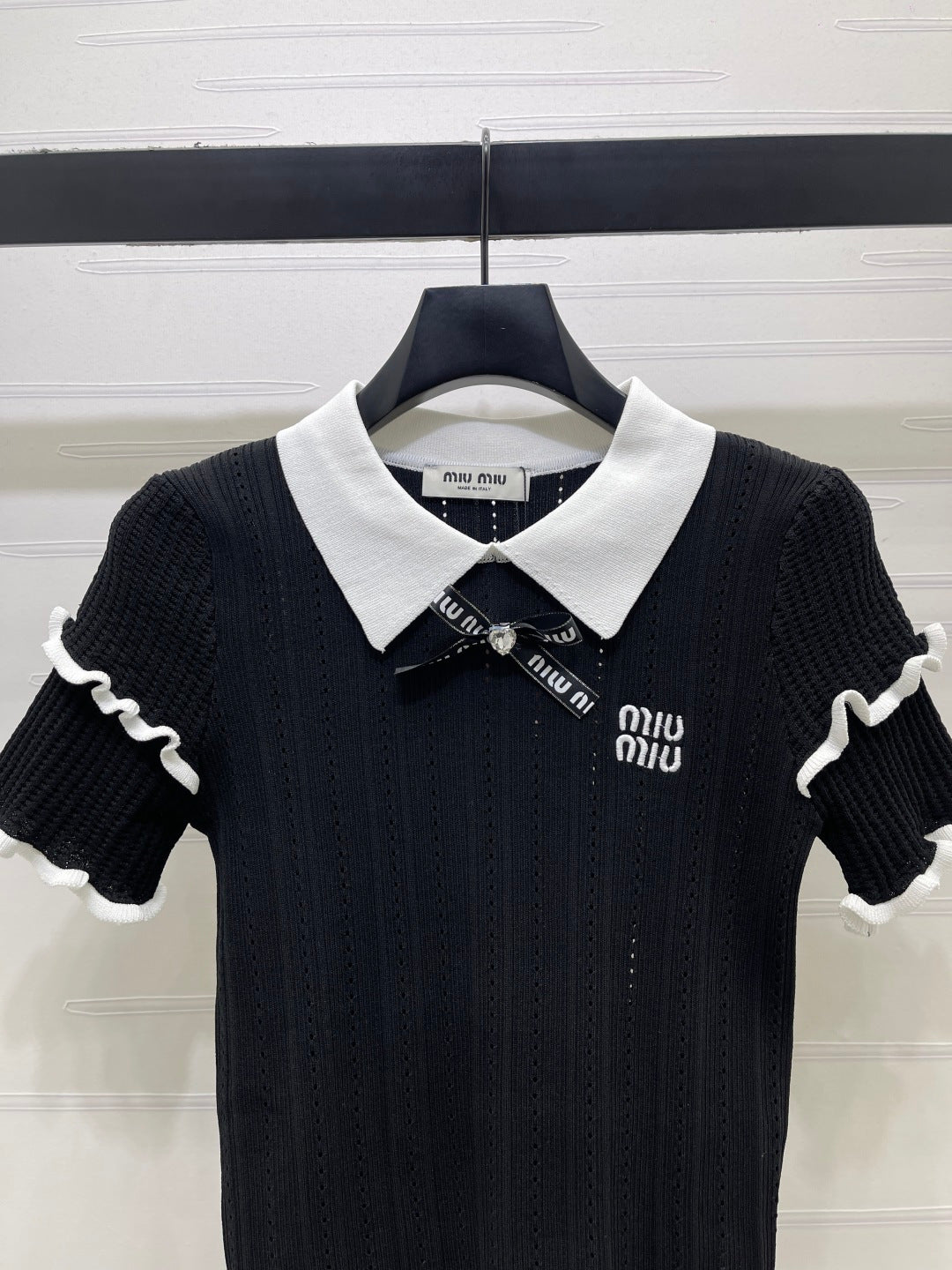 Miumiu 2026 Knitted Polo Shirt With Black Bow Wool Cashmere 414394