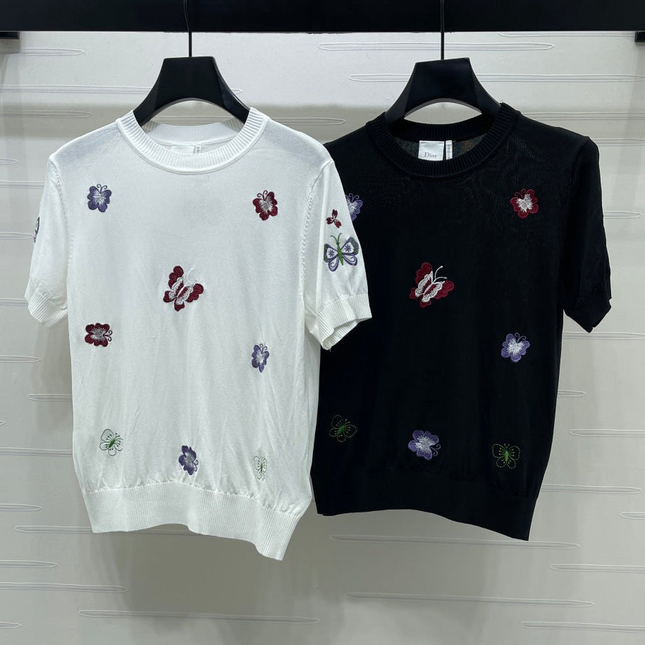 Dior 2026 Embroidered Butterfly Knit Short-Sleeve T-Shirt Cotton 422553