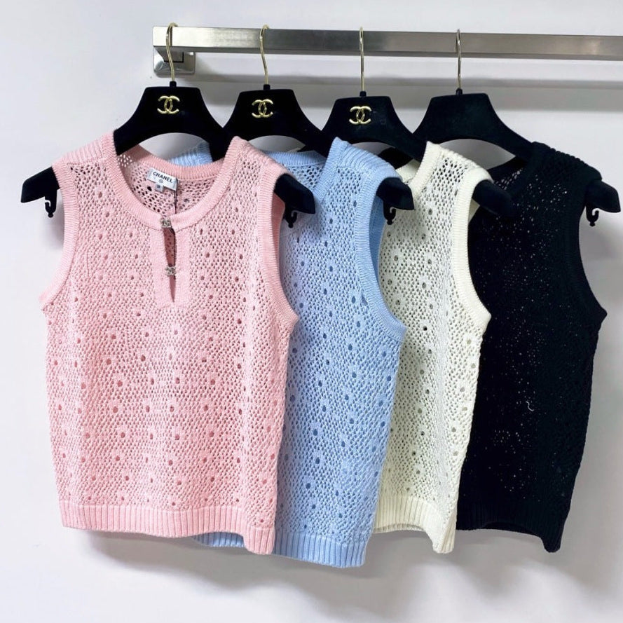 Chanel 2026 Sleeveless Crochet Knit Vest Logo Buttons 449832