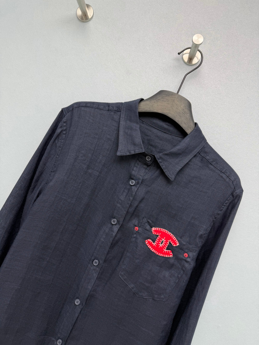 Chanel 2026 Double C Embroidery Shirt White and Navy Blue Cotton 392370