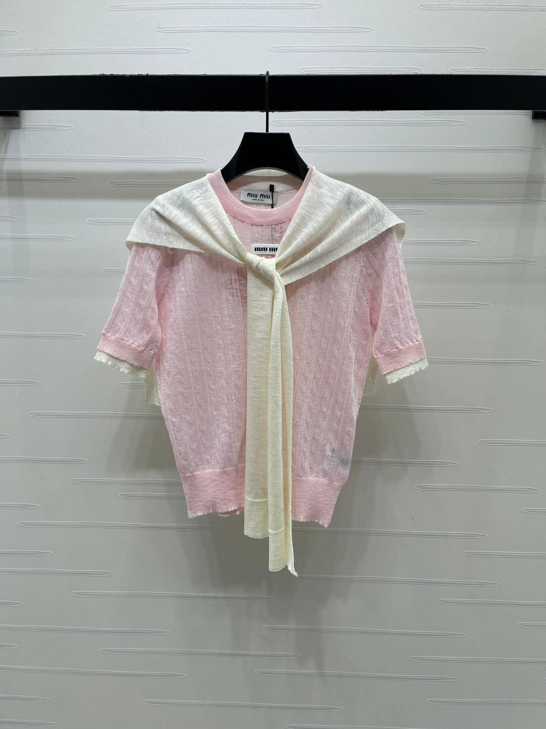 Miumiu 2026 Shawl Striped Knit Short Sleeve Tencel 397433