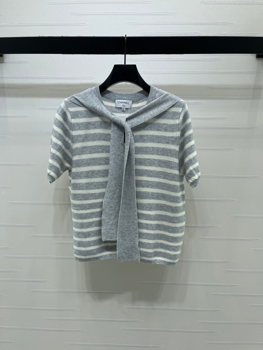 Chanel 2026 Shawl-Style Striped Knit Short-Sleeve Top Viscose 677747