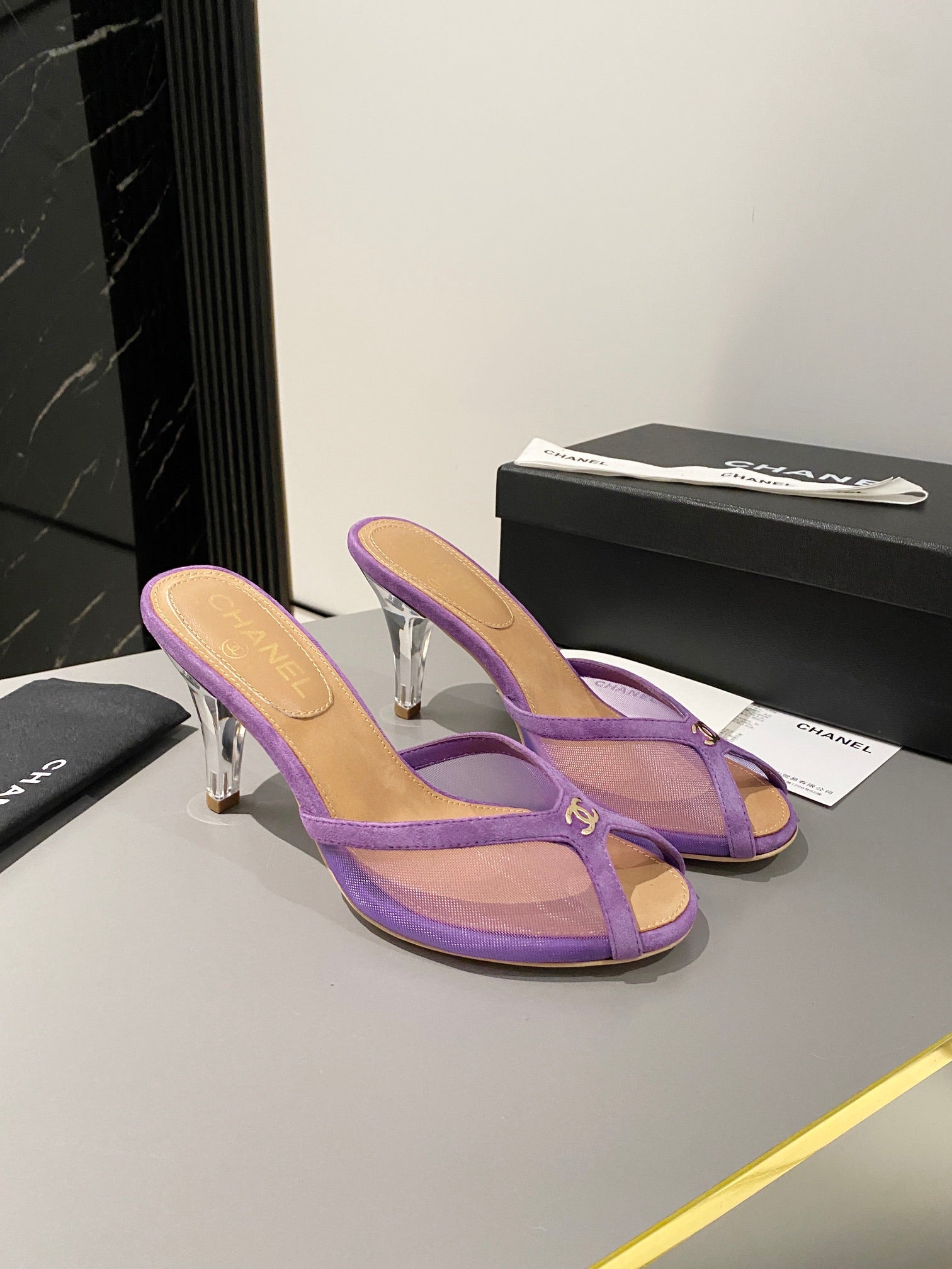 CC 2026 High Heeled Slippers 70 Mesh Suede