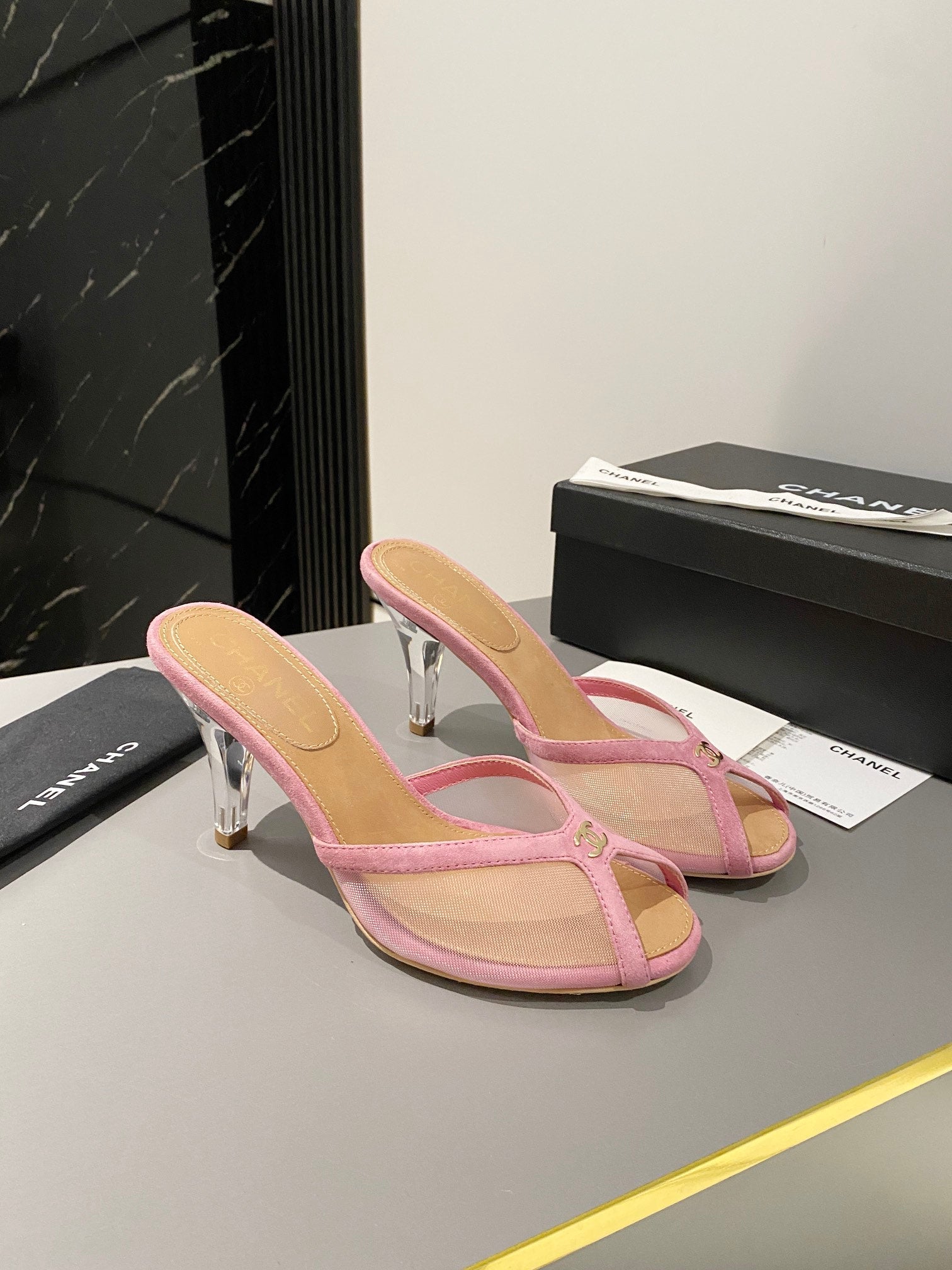 CC 2026 High Heeled Slippers 70 Mesh Suede
