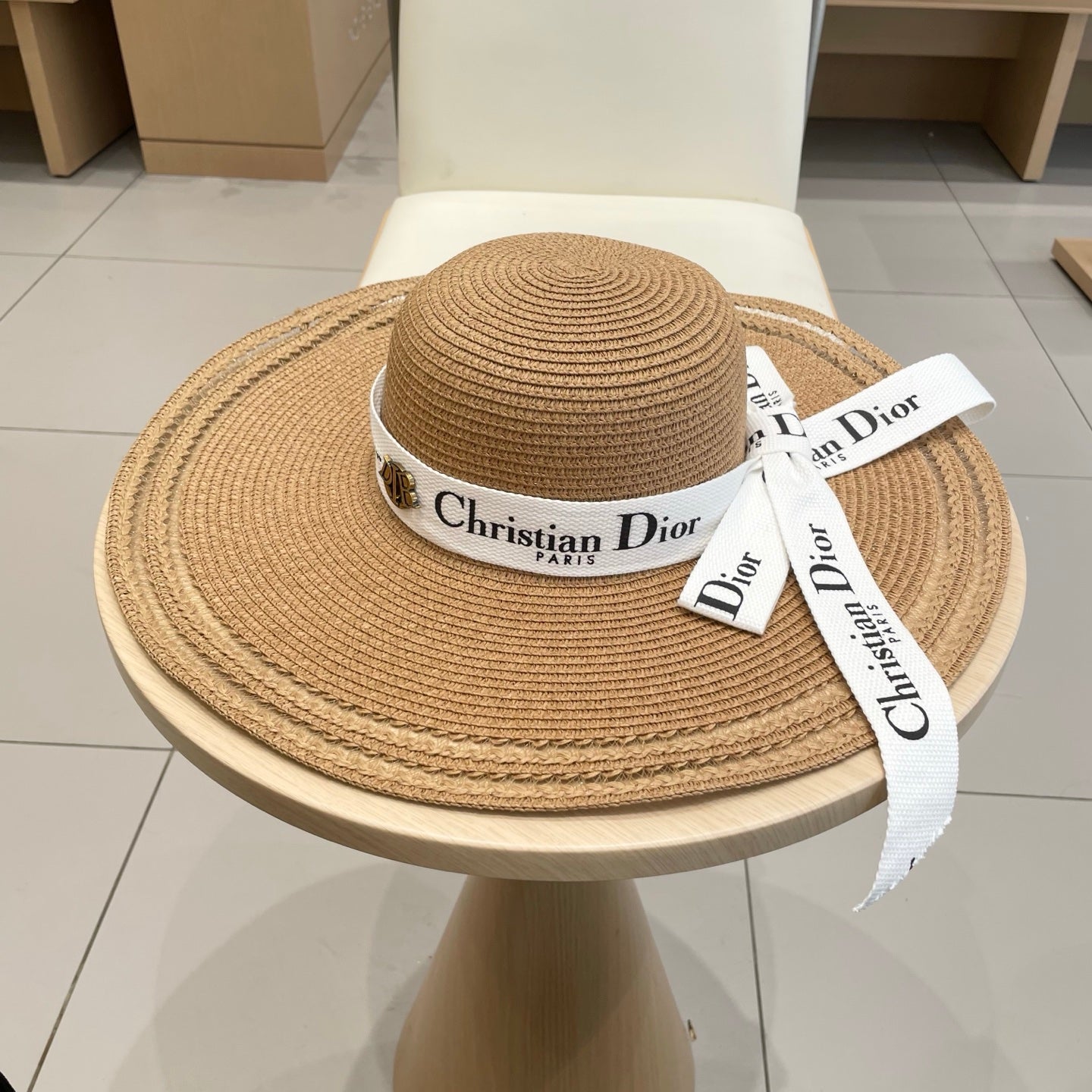 Dior Wide-brimmed Hat With Logo Ribbon 547025