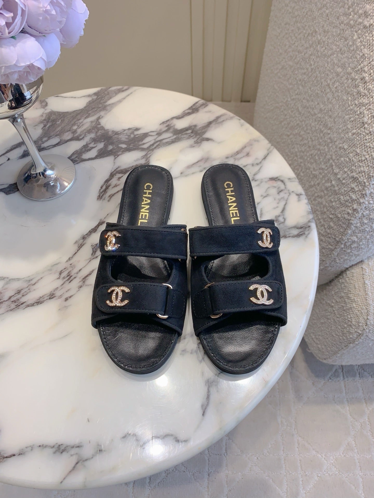 Chanel 2026 Rhinestone Buckle Flat Sandal Suede Lambskin 850851