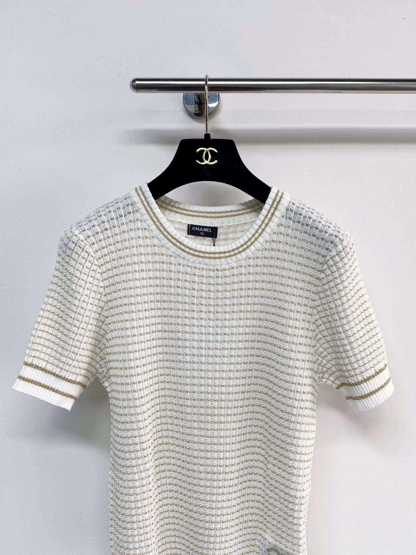 Chanel 2026  Short-Sleeve Shirt Cream and Navy Blue Tencel Nylon