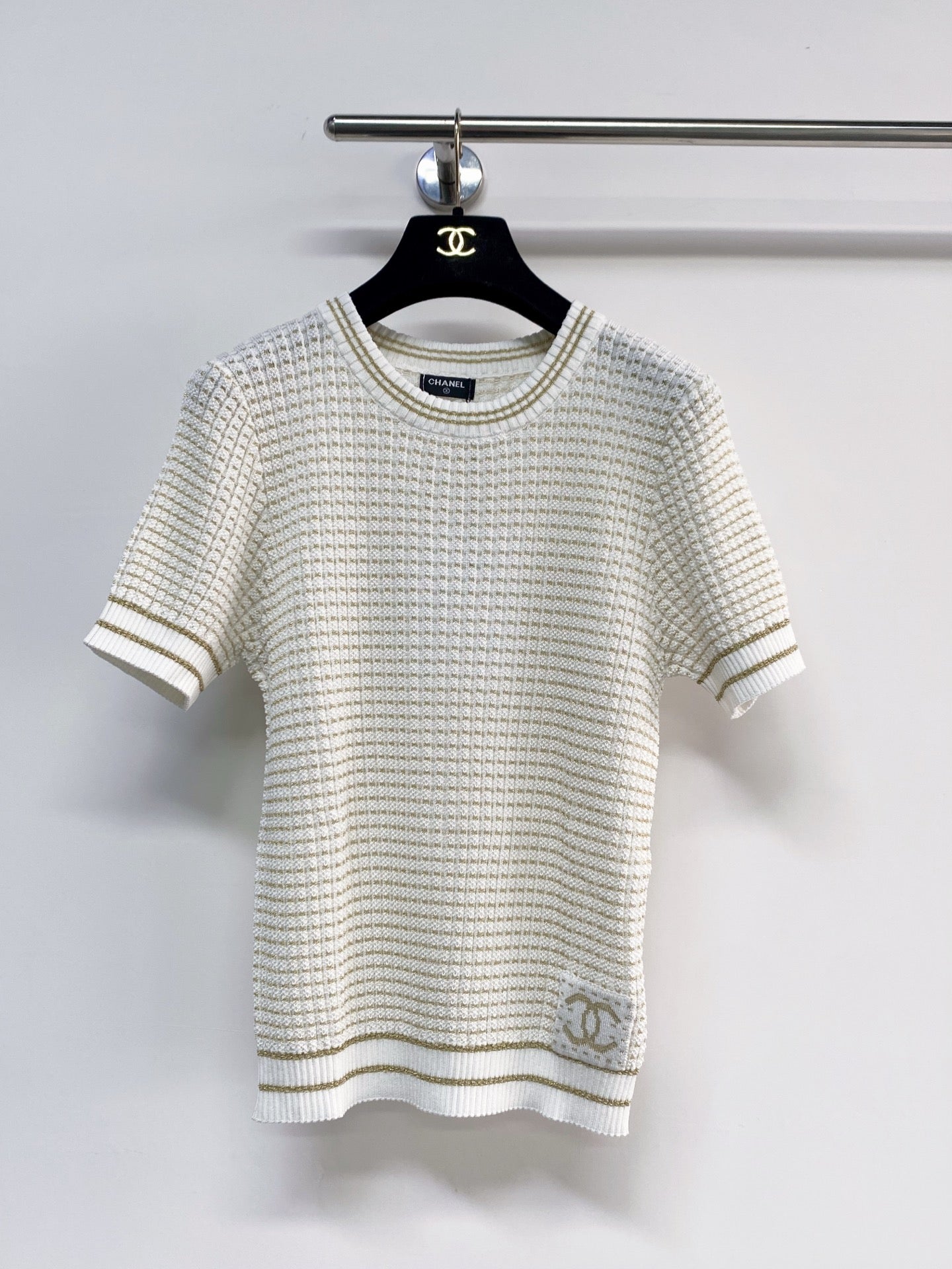 Chanel 2026  Short-Sleeve Shirt Cream and Navy Blue Tencel Nylon