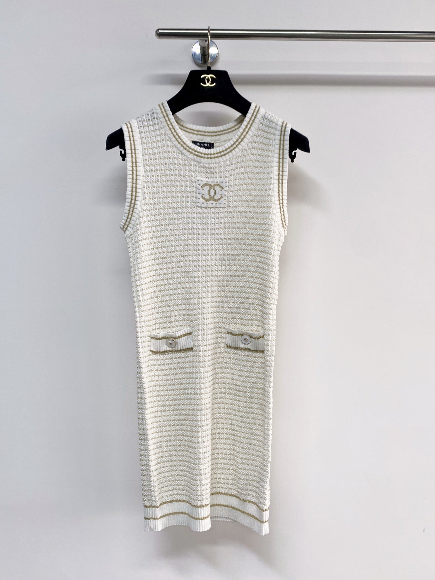 Chanel 2026 Knit Vest Dress Cream and Navy Blue Tencel Nylon