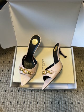 YSL 26ss Pointed Toe High Heeled Mules 75 Sheepskin