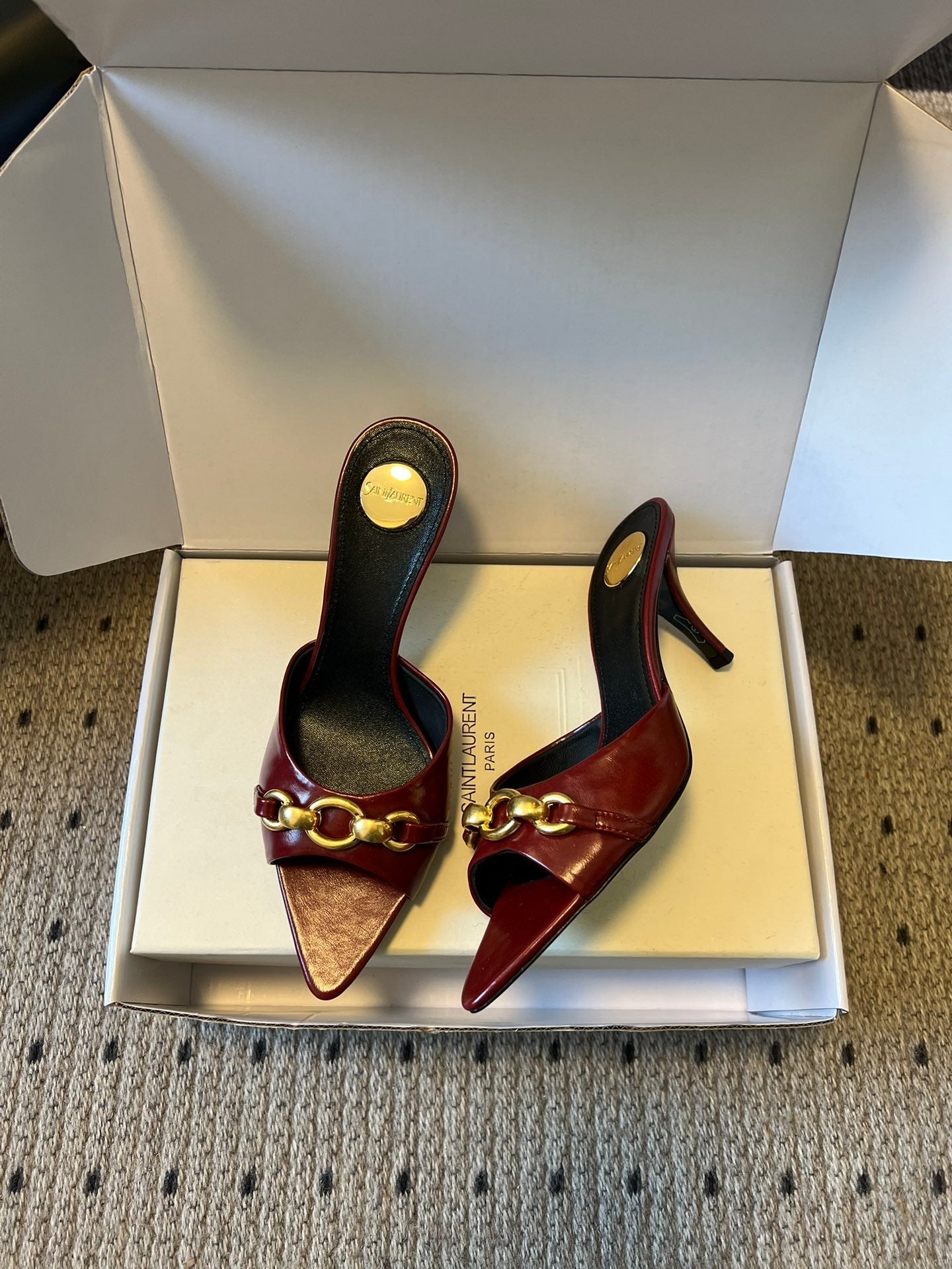 YSL 26ss Pointed Toe High Heeled Mules 75 Sheepskin