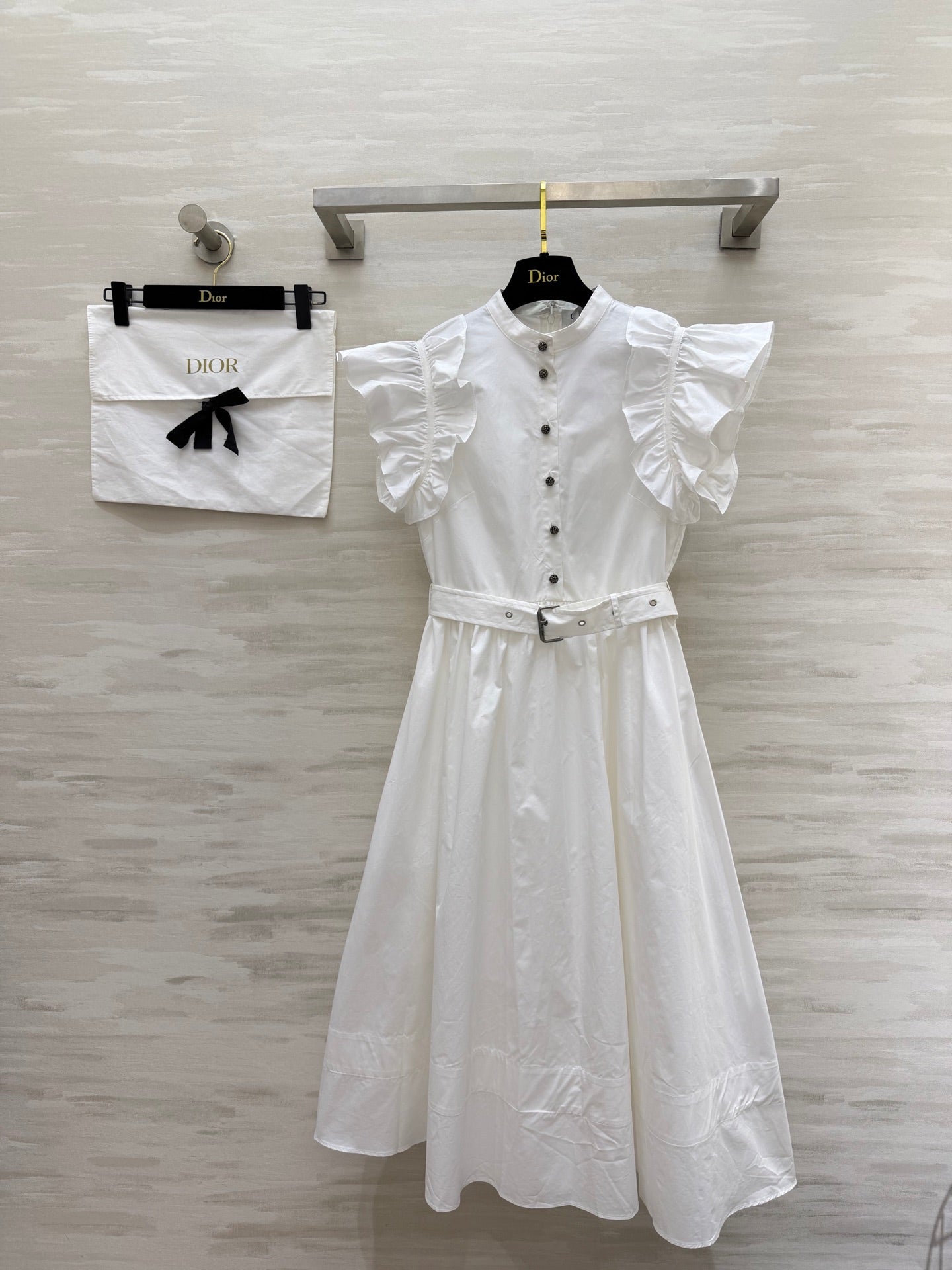 Dior 2026 Ruffled Shirt Dresses With Belt Black White Cotton 358341