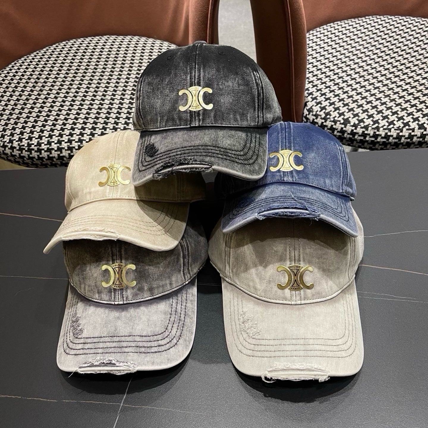 Celine Denim Baseball Hat Gold Logo 213523