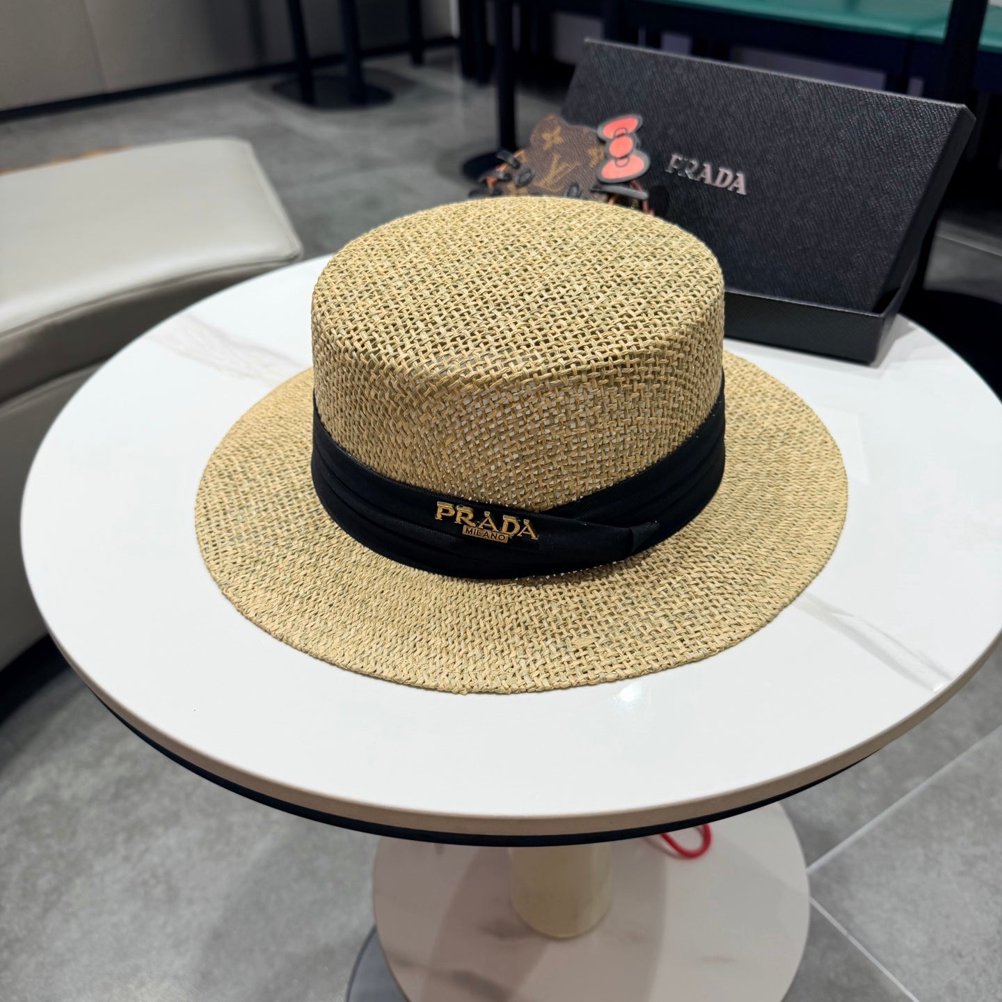 Prada Straw Woven Flat-top Hat 219138