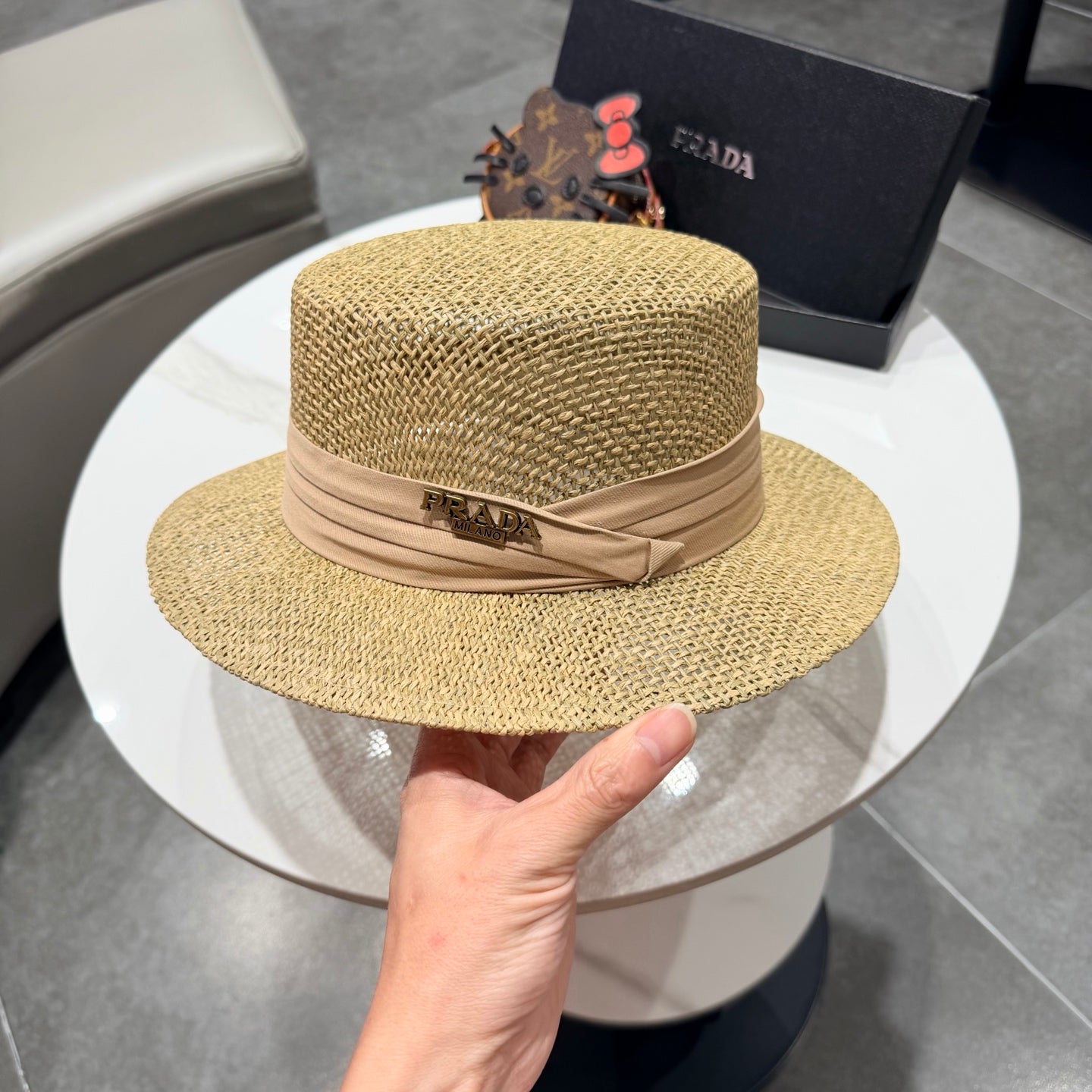 Prada Straw Woven Flat-top Hat 219138