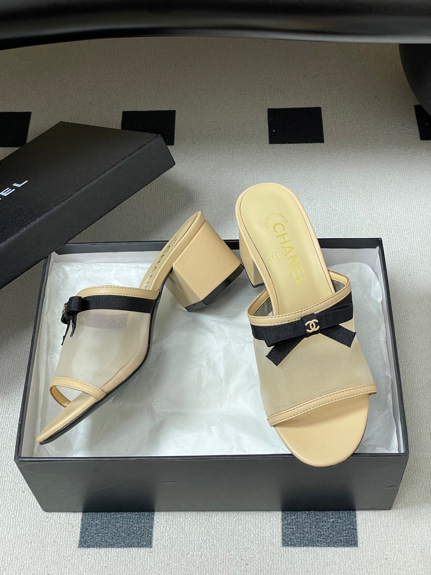 CC 2026 Sandal Bow Mesh Calfskin