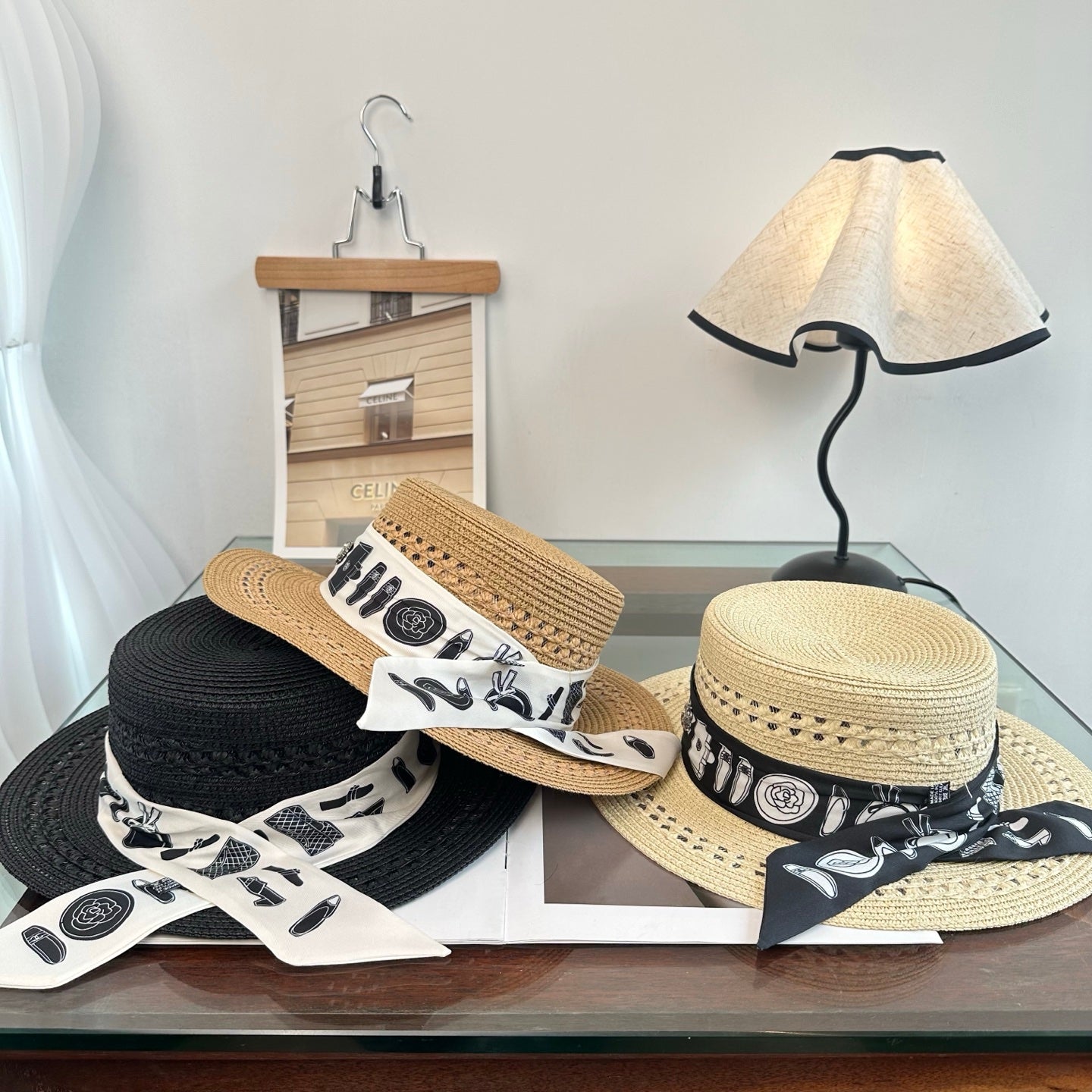 Chanel Flat-Top Straw Hat With Silk Ribbon 229106