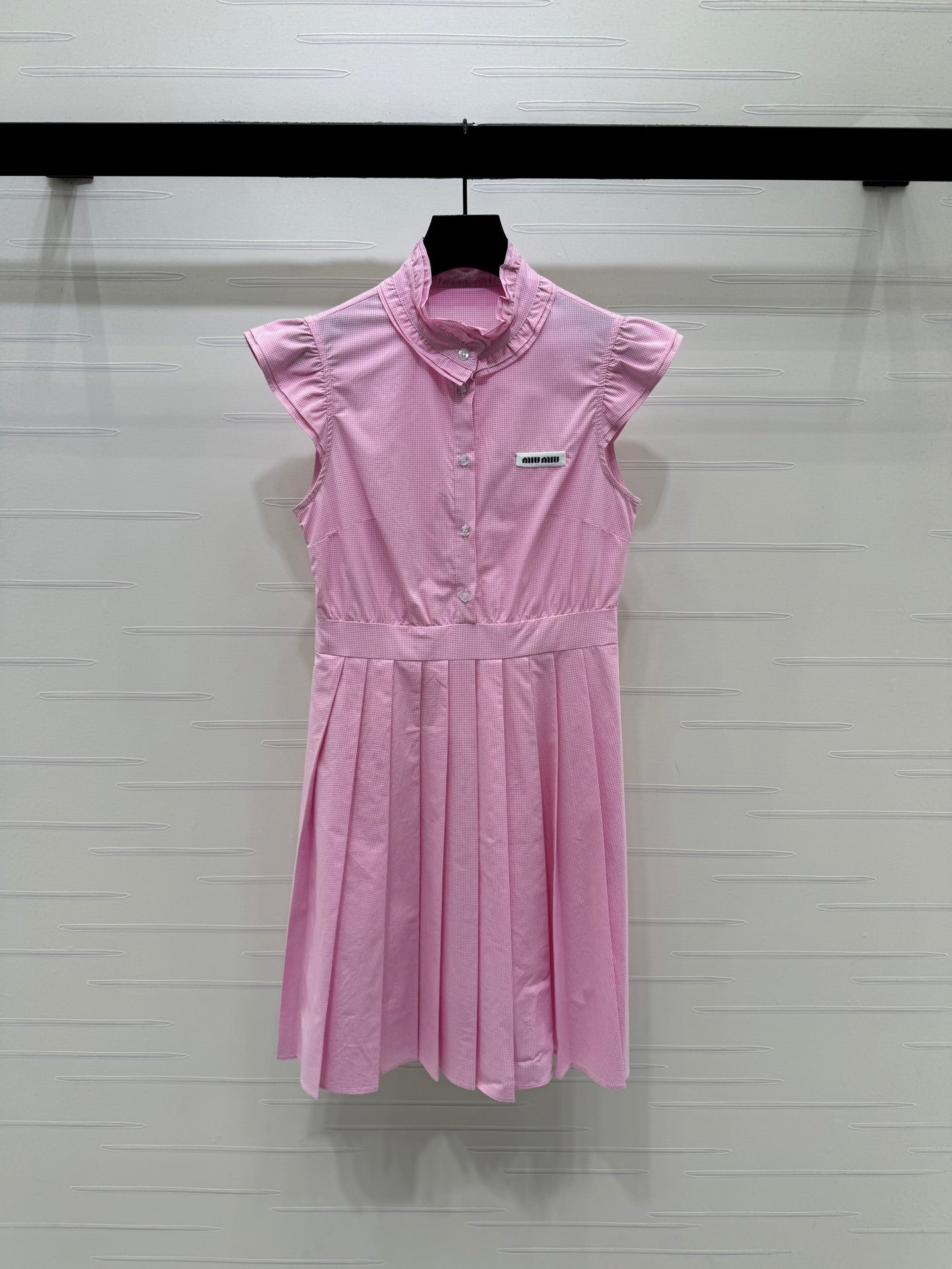 Miumiu 2026 Plaid Pleated Dress With Short Flutter Sleeves Cotton 475306